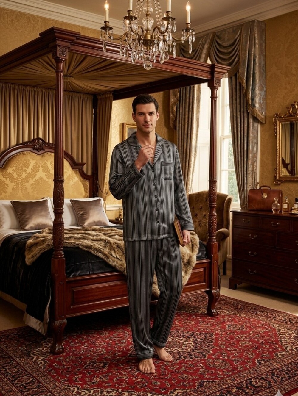 Dug Downundergear Men’s 100% Silk Pajama Set  Luxury Striped  Medium Sleepwear